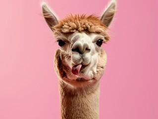 Portrait of cute alpaca lama isolated showing tongue