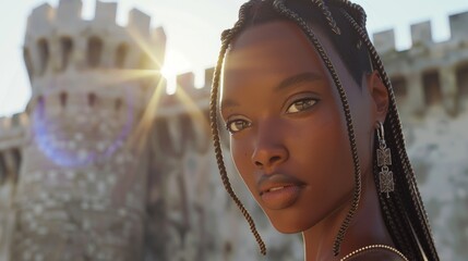 African Queen Portrait at Sunset with Historical Castle Background