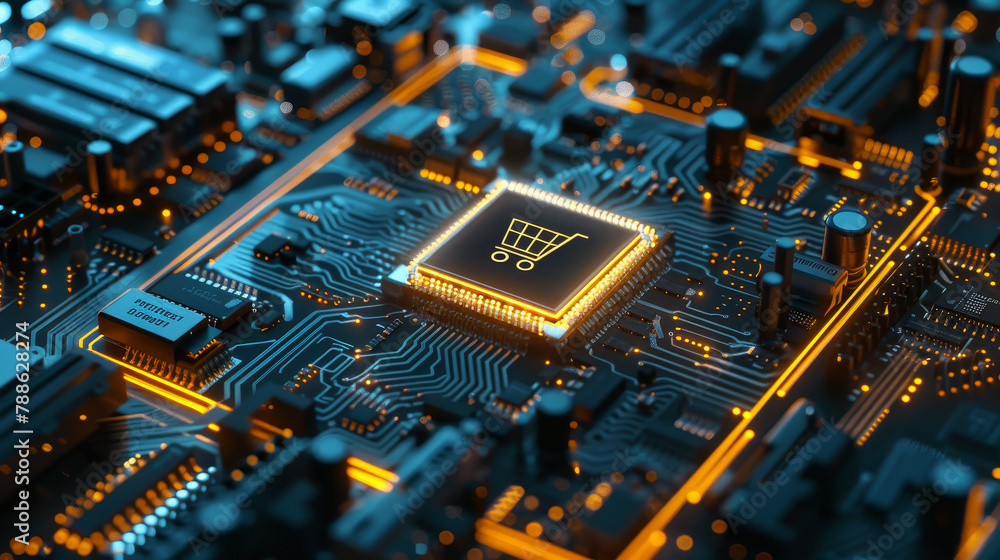 Poster a computer chip with a shopping cart on it