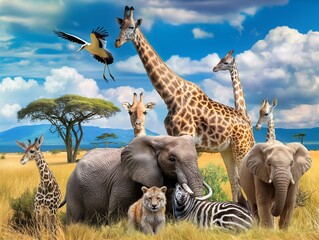 A group photo of different animals in Africa, various animals gathered together, African animals smiling with all their teeth.