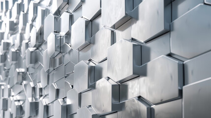 A wall of hexagonal tiles with a metallic sheen - obrazy, fototapety, plakaty