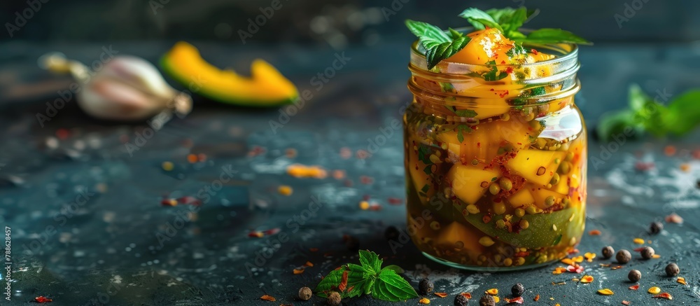 Wall mural homemade spicy mango pickle made with raw green mango, salt, red chili powder, oil, and fenugreek se