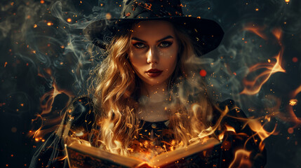 Close-up of a young woman dressed as a witch casting a spell, ideal for Halloween themes.