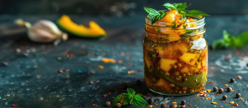 Homemade spicy mango pickle made with raw green mango, salt, red chili powder, oil, and fenugreek seeds. Moody background with copy space.