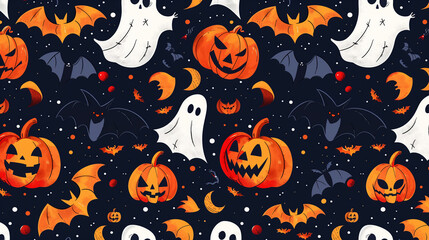 Seamless Halloween pattern with pumpkins, ghosts, and bats, ideal for festive designs.