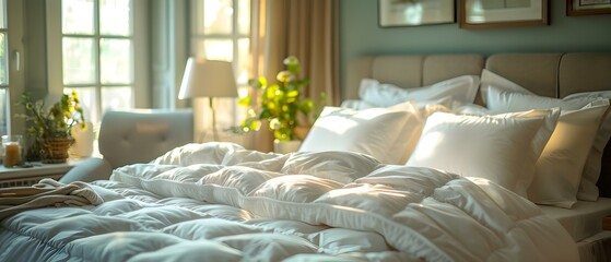 Cozy Winter Retreat: Sunlit Bedroom with Plush White Bedding. Concept Bedroom Decor, Cozy Retreat, Winter Wonderland, Sunlit Space, White Bedding - obrazy, fototapety, plakaty