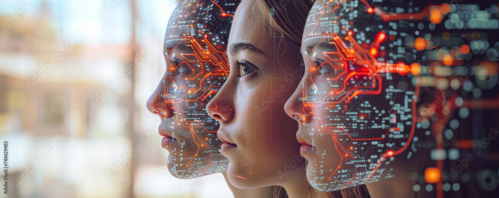 Poster futuristic ai woman silhouette exchanging data with robotics network, deep learning sci-fi concept -