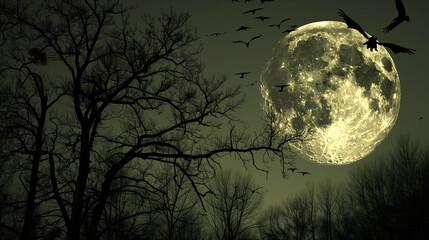 Spooky Full Moon with Flying Birds. Silhouetted trees and birds against a full moon at night.
