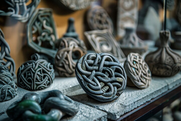 A collection of wooden carvings with various designs and shapes