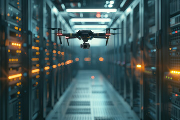 A drone is flying through a large, empty room with many computer servers