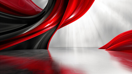 Modern minimal background with copy space. Abstract Swirling Red and Black Satin Fabric Drapes with Reflective Glossy Floor. Elegant design. Generative AI