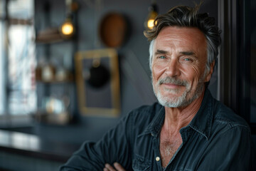 Obraz premium A man with gray hair and a beard is smiling with his arms crossed