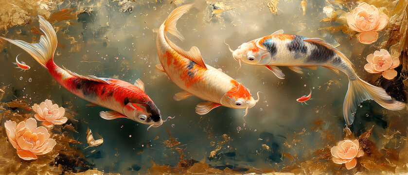 Koi fishes oil painting