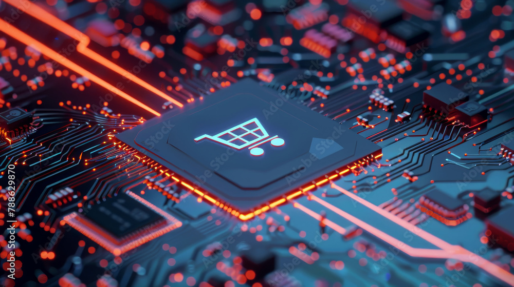 Poster a computer chip with a shopping cart symbol on it