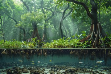 Mangrove forest, root systems, coastal protection, nursery - obrazy, fototapety, plakaty