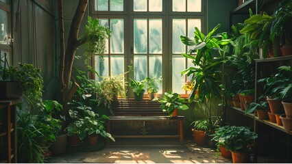 Fototapeta na wymiar indoor garden, with a bench by the window of a building, surrounded by lush houseplants, flowerpot, a tree reaching towards the ceiling