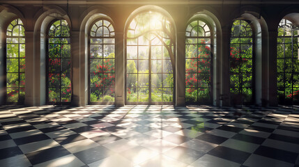 Sunlight streaming through grand arched windows onto glossy marble floor of an elegant medieval classic interior. Generative AI - obrazy, fototapety, plakaty