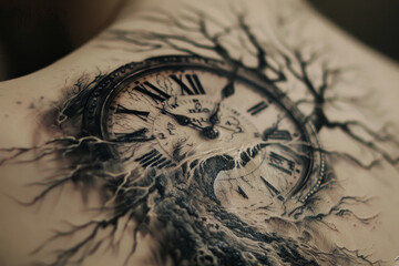 A tattoo of a clock with roman numerals and a tree on it