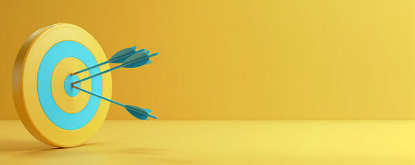 Blue arrow aim center business marketing strategy target celebrating success, 3d yellow render copy space banner.