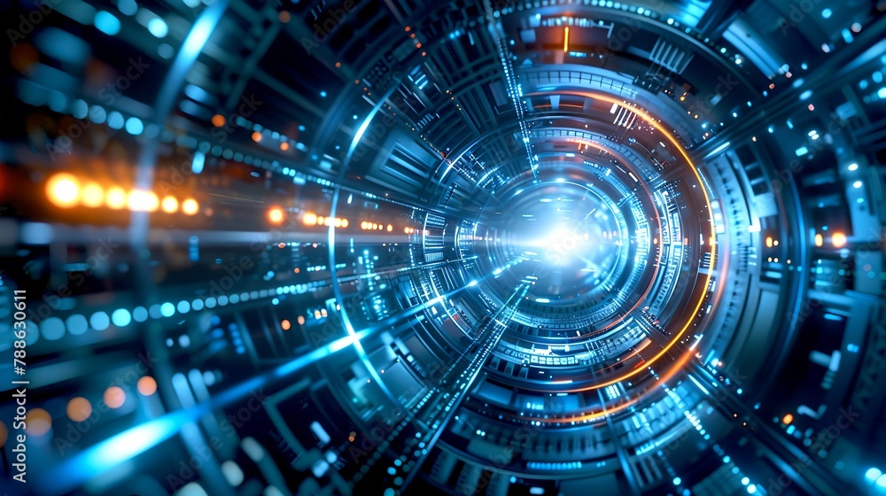 Poster futuristic sci-fi tunnel with glowing lights and technological patterns. ideal for background or con