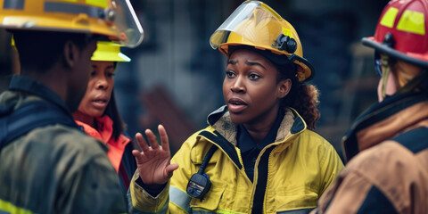 International Firefighters Day, an African-American female firefighter talks with colleagues, the concept of dangerous and risky professions