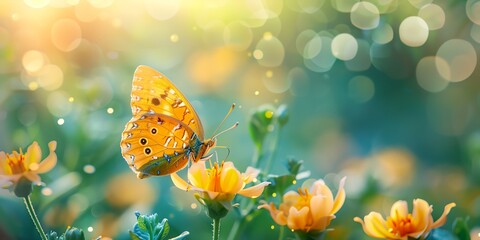Yellow butterfly on flower, beautiful nature background