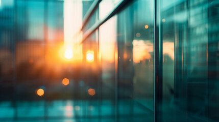 Fototapeta premium Modern Office Interior with Sunset View through Glass Walls. Copy space. Generative AI