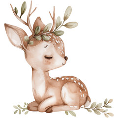 Watercolor woodland baby deer with leaves - 788631453