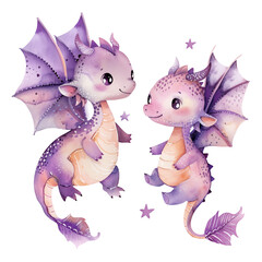 Purple watercolor dragons with stars, fairytale illustration - 788631468