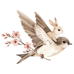 Watercolor floral bird with bunny and pink flowers - 788631471