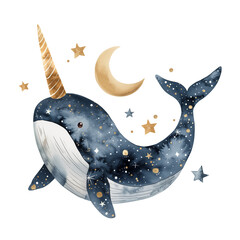 Watercolor celestial narwhal with moon and stars illustration 