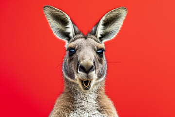 A kangaroo is looking at the camera with its mouth open