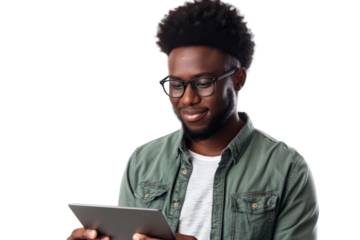 Studio portrait company business worker smart young African American man with serious face holding tablet, isolated on transparent png background.