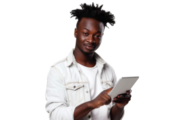 Studio portrait company business worker smart young African American man with serious face holding tablet, isolated on transparent png background.