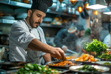 Middle Eastern chef, traditional cuisine, bustling restaurant kitchen