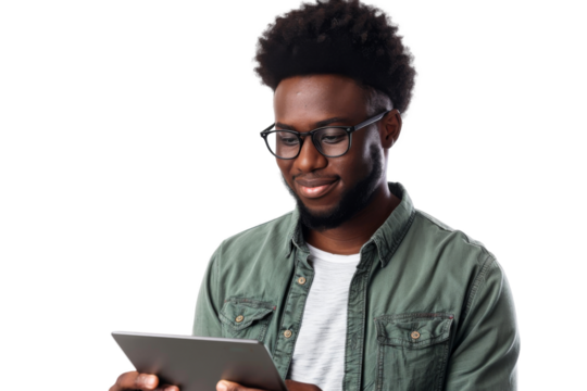 Studio portrait company business worker smart young African American man with serious face holding tablet, isolated on transparent png background.