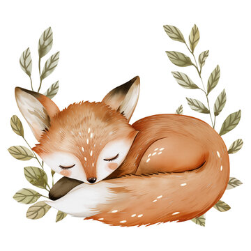 Fototapeta Woodland sleeping fox with leaves, Watercolor forest animal illustration