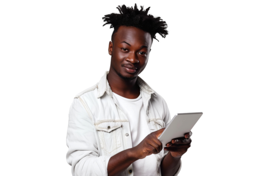 Studio portrait company business worker smart young African American man with serious face holding tablet, isolated on transparent png background.