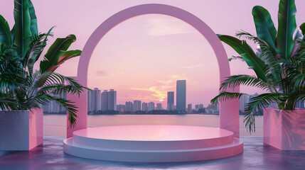 Serene Sunset Over Urban Skyline Viewed from a Tropical Balcony with an Empty Podium. Copy space for product presentation. Generative AI