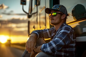 Trucker at sunset leaning on truck cabin