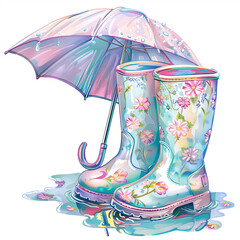 Charming clipart set featuring colorful pastel wellies with floral pattern, a matching umbrella, perfect for spring-themed designs, cards, and posters.