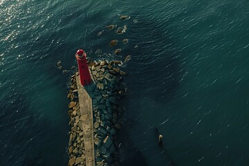 Aerial view of a calm sea with a red lighthouse on a jetty. Serene oceanscape, nature's beauty captured. Nautical theme. Generative AI