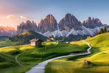 Sunlit Alpine Meadow with Majestic Mountain Backdrop. Idyllic Rural Landscape, Perfect for Wall Art. Vibrant Nature Scenery. Generative AI