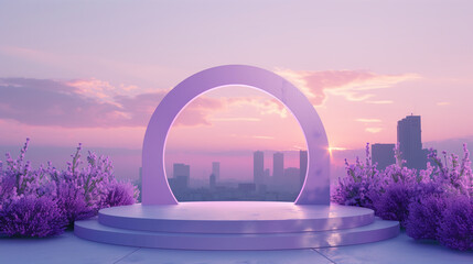 Minimalist podium for product presentation against a sunset lavender field with a circular concrete arch backdrop. Copy space. Generative AI