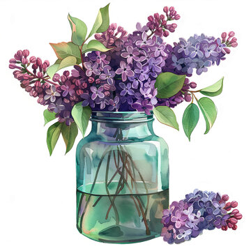 recommend clip art: Lovely watercolor illustration of lilac bouquet in a glass jar, ideal for adding a touch of elegance to invitations, stationery, and decorative prints.