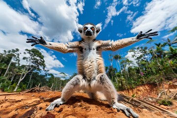 Wide-angle shot of a lemur stretching out arms and legs in natural habitat. Engaging wildlife photography. Vibrant tropical setting. Generative AI