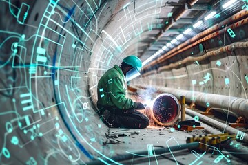 Futuristic Welder in Action Inside a Metal Pipeline. Industrial Work Concept. Cyber Technology. Digital Interface Surrounding. Generative AI