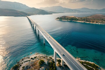 Aerial View of a Long Bridge Over Serene Waters Connecting Islands. Tranquil Travel Destination. Modern Engineering Marvel. Generative AI