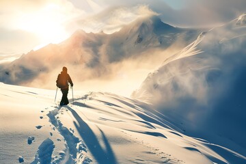 Lone Adventurer Trekking Snowy Mountain Slope at Dawn. Peaceful Nature Hike. Golden Sunrise Light. Generative AI