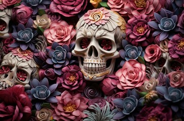 Macabre Skull flowers. Human death face. Generate Ai